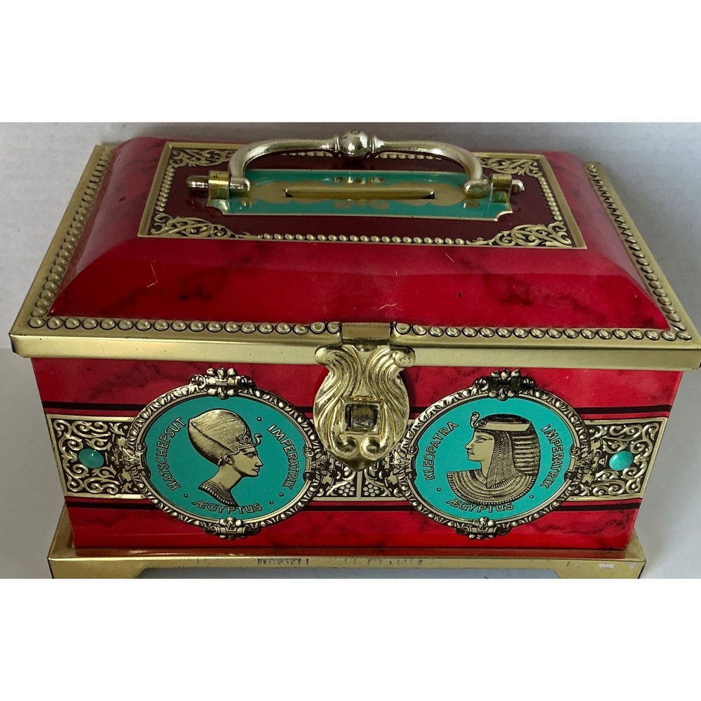 Blue Bird Vintage Egyptian Confectionery Tin Money Box Cleopatra Tutankhamun Red